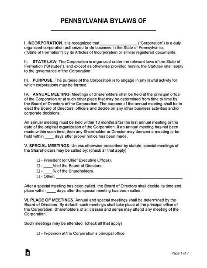 Are bylaws required in Pennsylvania?