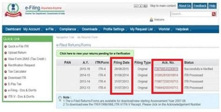 How can I check my e filing Acknowledgement number?