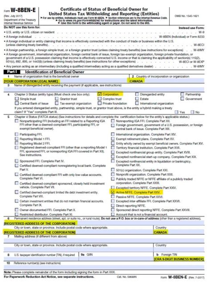 How do I fill out a W-8BEN-E in Canada?
