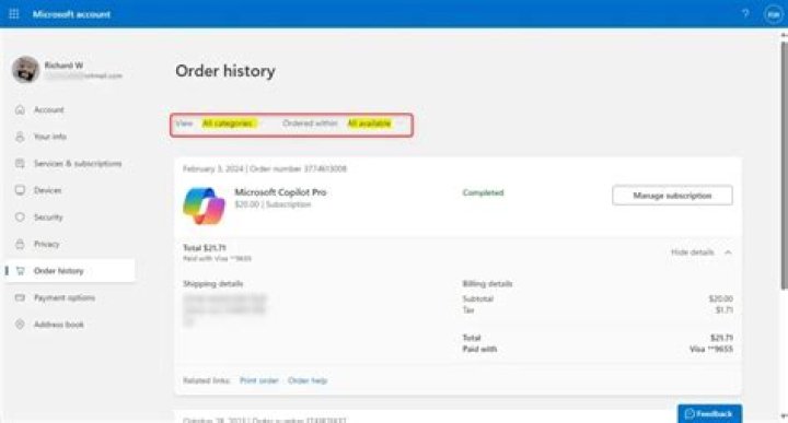 How do I find my Microsoft purchase history?