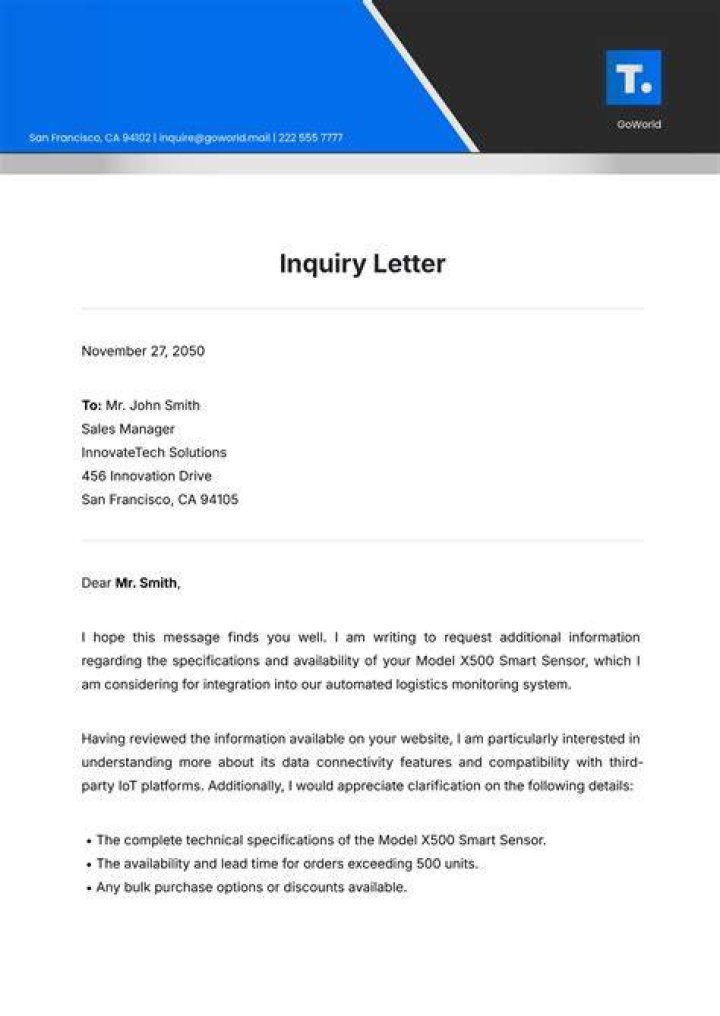 How do you write an inquiry letter to a company?