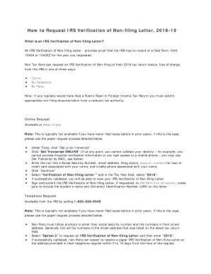 How to request IRS verification of non filing letter, 2018-19?