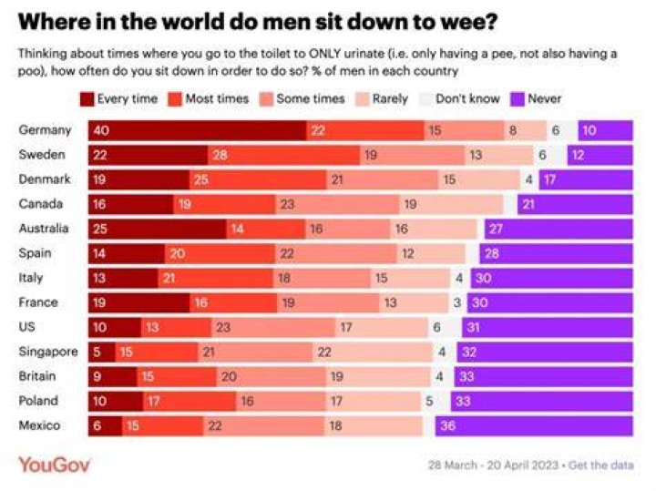 In what countries do men pee sitting down?