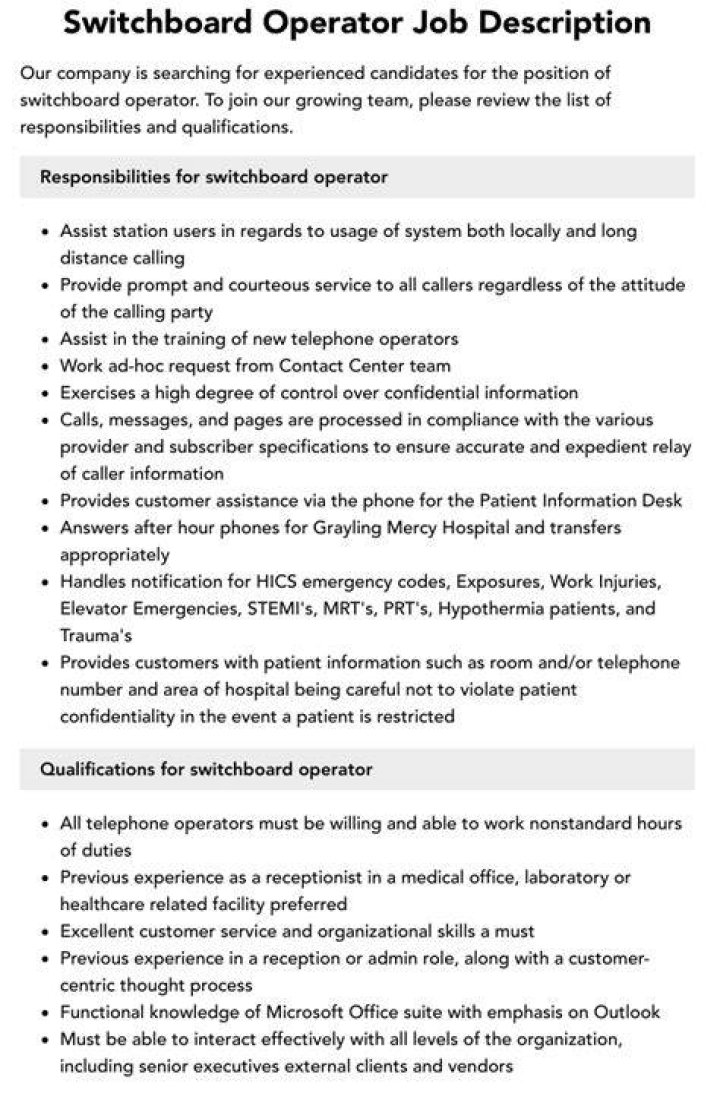 What are duties of switchboard operator?