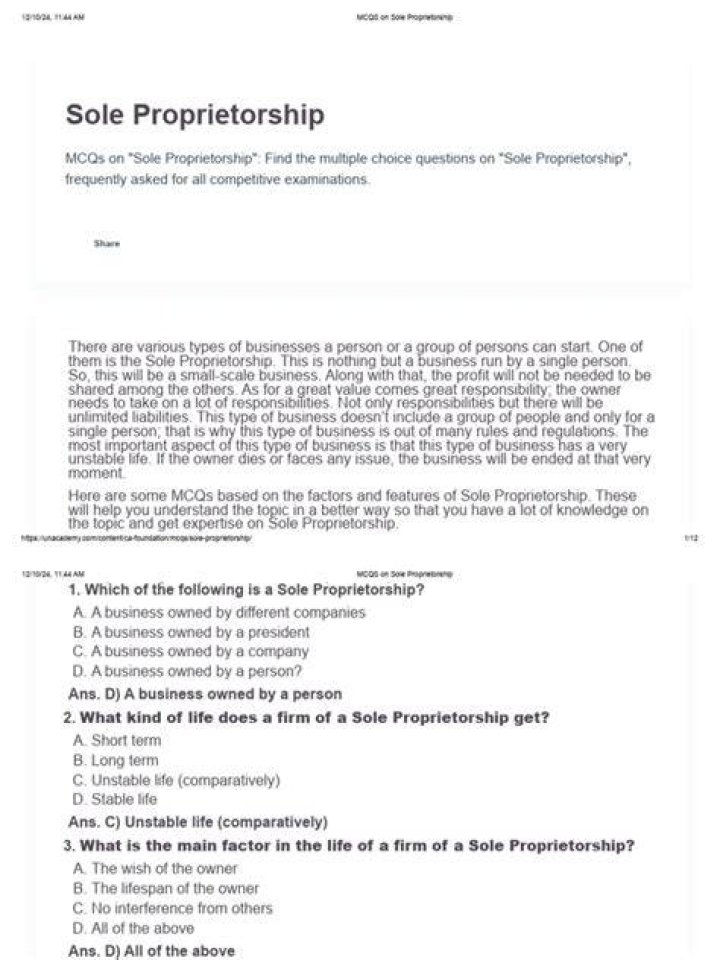 What are some important MCQs on sole proprietorship?