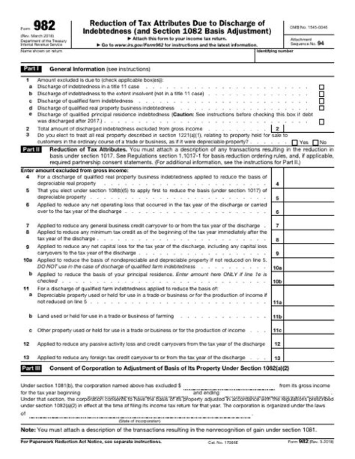 What are tax attributes on Form 982?