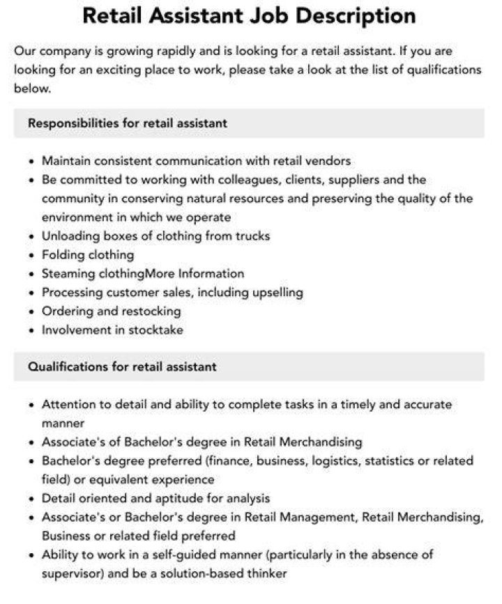 What are the main duties of a Retail Assistant?