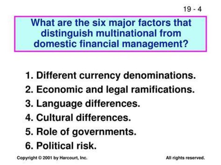 What are the six major factors that distinguish multinational financial management from financial management as practiced by a purely domestic firm?