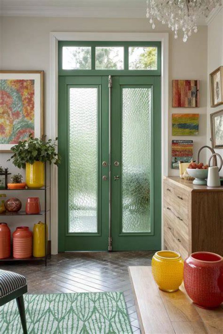 What goes through the green glass door?