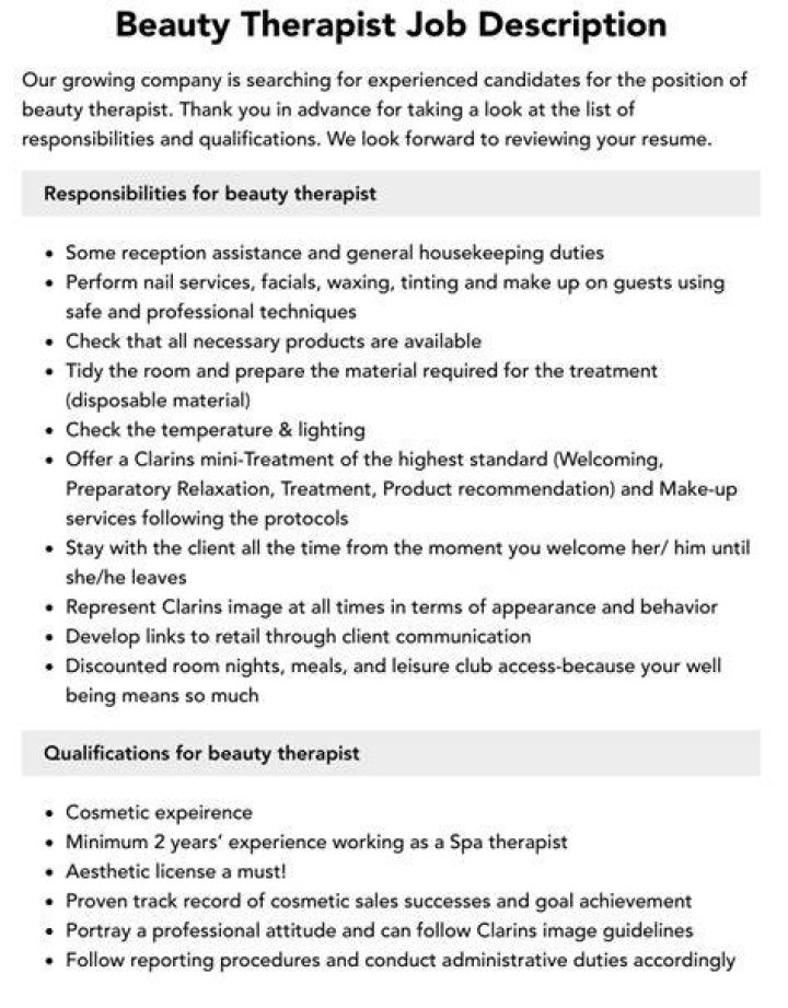 What is a beauty therapist job description?