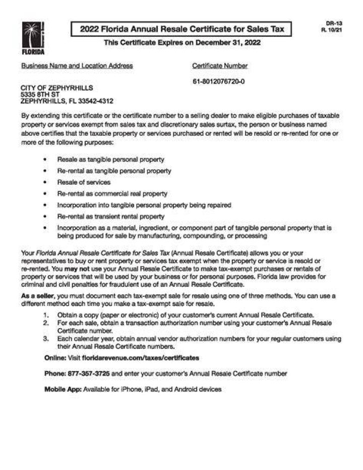 What is a tax resale certificate in Florida?