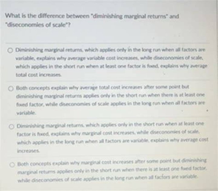 What is difference between diminishing marginal returns and diseconomies of scale?