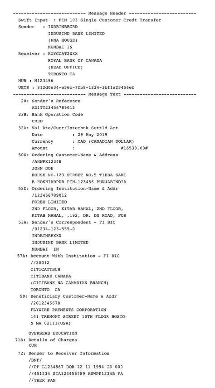 What is MT103 swift message?