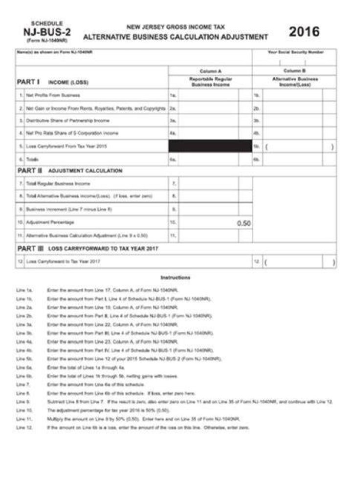 What is NJ alternative business calculation adjustment?