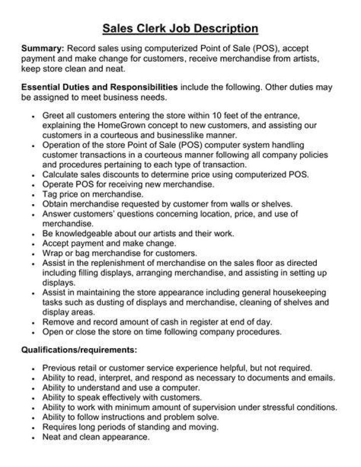 What is the duties and responsibilities of sales clerk?