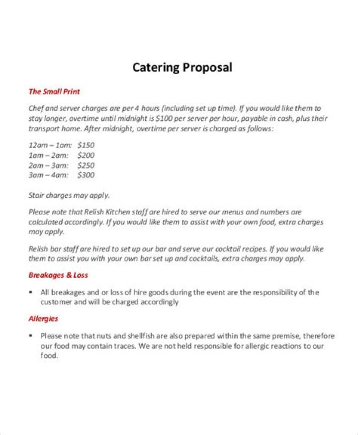 What should be included in a catering proposal?