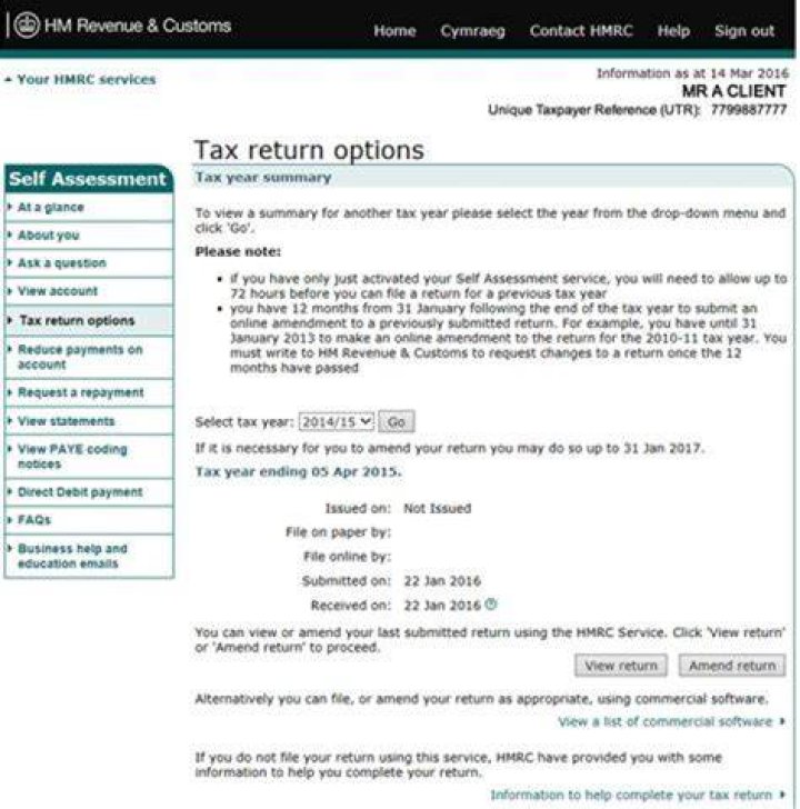 When did I submit my tax return to HMRC?