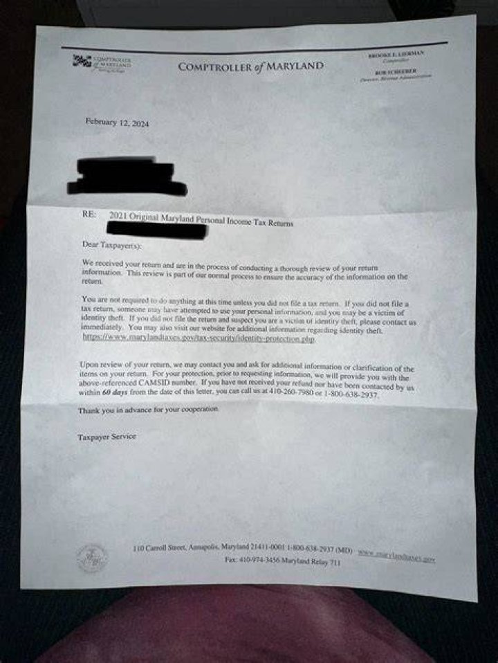 Why did I get a letter from Comptroller of Maryland?